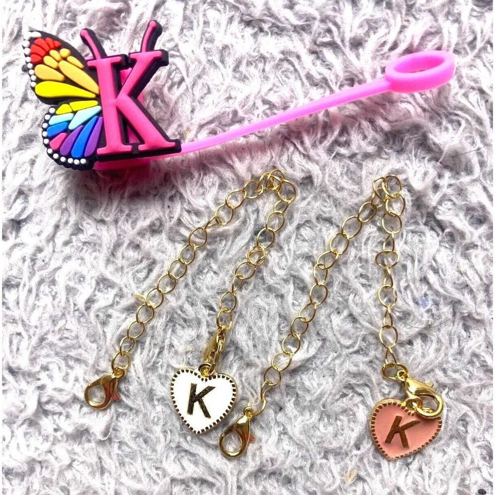 Stanley Straw Topper Initial K Charms Butterfly Cover‎ Silicone Pink NEW